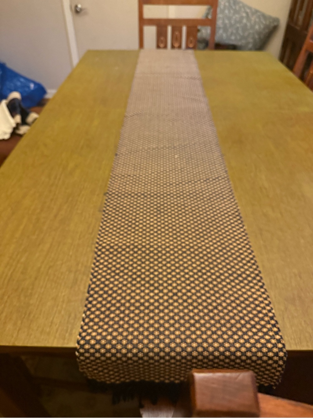 Novica Handwoven Cotton Silk Yok Dok Elegance Table Runner Navy Gold Fringe